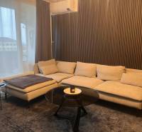 2-izbový byt v Pezinku s vlastným parkovaním - REZERVOVANÉ - Svetlá pohovka v 2-izbovom byte s dreveným dekórom na stene a stolíkom.