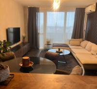 2-izbový byt v Pezinku s vlastným parkovaním - REZERVOVANÉ - Obývacia izba s podlahou s dreveným dekorom, sedačkou a televíziou v 2-izbovom byte.