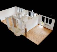 Na prenájom 2 izbový byt, Dežerice - 3D pôdorys 2-izbového bytu s podlahou s dreveným dekorom a obývacou izbou.