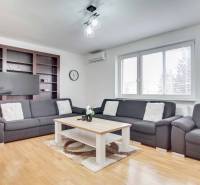 Na prenájom veľký 4-izbový byt s balkónom, garážou a záhradou, Kolta – - Obývacia izba v 4-izbovom byte s pohovkou, konferenčným stolíkom a podlahou s dreveným dekorom.