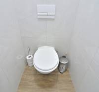 ŠTÚROVA, 3-i byt, 75 m2 – komplet rekonštrukcia, vlastné parkovanie - Toaleta s obkladmi a podlahou s dreveným dekorom v 3-izbovom byte.