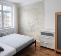 PRENÁJOM 2 izb byt Bratislava-Nové mesto Pri starej prachárni - Spálňa v 2-izbovom byte s dreveným dekorom a originálnou stenou.