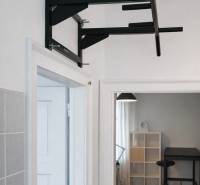 PRENÁJOM 2 izb byt Bratislava-Nové mesto Pri starej prachárni - Hrazda na stene, v pozadí miestnosť s podlahou s dreveným dekorom.