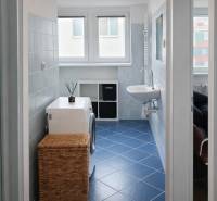 PRENÁJOM 2 izb byt Bratislava-Nové mesto Pri starej prachárni - Práčka s košom a umývadlo v 2-izbovom byte s modrou dlažbou.