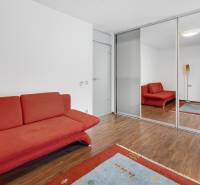 Novostavba 3 izbový byt, Palisády, 147 m2, výhľad, parkovanie, BA I - Izba v 3-izbovom byte s červeným gaučom, drevenou podlahou a zrkadlovou skriňou.