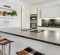 Novostavba 3 izbový byt, Palisády, 147 m2, výhľad, parkovanie, BA I - Kuchyňa v 3-izbovom byte s moderným ostrým a stoličkami, poličky s rastlinami.