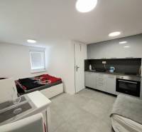 Záhrada s Tiny House, Zlaté piesky, dobrá poloha a dostupnosť - Kuchynský kút a lôžko v chate s obkladom sivej farby a vybavením.