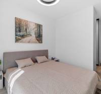 I Prenájom exkluzívneho 2-i bytu v projekte Metropolis - Spálňa v 2-izbovom byte s posteľou, obrazom a rastlinou, podlaha s dreveným dekorom.