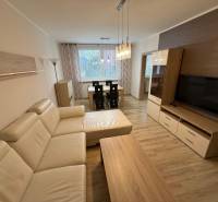 PRENÁJOM Trojizbový zariadený byt, Žilina - Vlčince - Obývacia izba s podlahou s dreveným dekorom, veľkou pohovkou a jedálenským stolom v 3-izbovom byte.