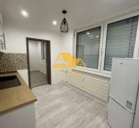 Prenajmem prerobený 1 izbový byt v Nových Zámkoch - Kuchyňa v 1-izbovom byte s podlahou s dreveným dekorom a bielymi elektrospotrebičmi.