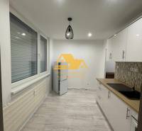 Prenajmem prerobený 1 izbový byt v Nových Zámkoch - Kuchyňa v 1-izbovom byte s podlahou s dreveným dekorom a moderným osvetlením.