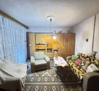 Predám rodinný dom s garážou v obci Dvory nad Žitavou - Obývacia izba v rodinnom dome s pohovkou, koberec a skrine s dekoráciami.