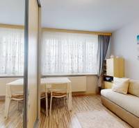 Vyššie už je nebo. 3izbový byt po kompletnej rekonštrukcii  - Obývacia izba v 3-izbovom byte s pohovkou, stolom a podlahou s dreveným dekorom.