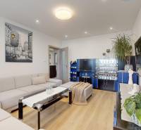 Vyššie už je nebo. 3izbový byt po kompletnej rekonštrukcii  - Obývacia izba v 3-izbovom byte s dekoratívnym obrazom a podlahou s dreveným dekorom.