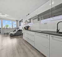 KOMPLETNE ZARIADENÝ 2-IZB. BYT,BALKÓN + PIVNICA,BUDATÍNSKA – PETRŽALKA - Kuchyňa a obývacia izba v 2-izbovom byte s podlahou s dreveným dekorom.