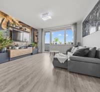 KOMPLETNE ZARIADENÝ 2-IZB. BYT,BALKÓN + PIVNICA,BUDATÍNSKA – PETRŽALKA - Obývacia izba s pohodlným gaučom, tapetou s rastlinným motívom a podlahou s dreveným dekorom.