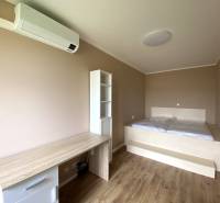 PRENÁJOM NÁDHERNÝ 3-IZBOVÝ BYT MAMAPAPA BA IV DÚBRAVKA - Spálňa v 3-izbovom byte s podlahou s dreveným dekorom, posteľou a písacím stolom.