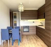 PRENÁJOM NÁDHERNÝ 3-IZBOVÝ BYT MAMAPAPA BA IV DÚBRAVKA - Kuchyňa v 3-izbovom byte s jedálenským stolom, moderným osvetlením a podlahou s dreveným dekorom.