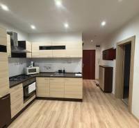 PRENÁJOM – 1-izbový byt po kompletnej rekonštrukcii, Šaľa – Bottova  - Kuchyňa v 1-izbovom byte s vybavením a podlahou s dreveným dekorom.