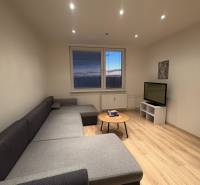 PRENÁJOM – 1-izbový byt po kompletnej rekonštrukcii, Šaľa – Bottova  - Obývacia izba s veľkou sedačkou, televízorom a podlahou s dreveným dekorom v 1-izbovom byte.