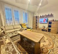 Predaj 2-izbového bytu v Krásne nad Kysucou - Obývacia izba v 2-izbovom byte s kobercami, sedacou súpravou a televízorom.