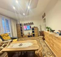 Predaj 2-izbového bytu v Krásne nad Kysucou - Obývacia izba v 2-izbovom byte s vkusným kreslom, televízorom a kobercom, podlaha s dreveným dekorom.