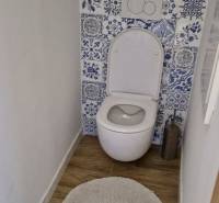 Prenájom 3 - izbový byt Bratislava - Petržalka - Toaleta s modro-bielymi dlaždicami a podlahou s dreveným dekorom v 3-izbovom byte.