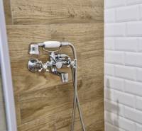 Prenájom 3 - izbový byt Bratislava - Petržalka - Kúpeľňa so sprchou a podlahou s dreveným dekorom v 3-izbovom byte.