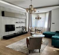 Prenájom veľkého luxusného 2izb bytu pri Bratislavskom hrade - Obývacia izba v 2-izbovom byte s podlahou s dreveným dekorom a štýlovým nábytkom.