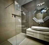 Prenájom veľkého luxusného 2izb bytu pri Bratislavskom hrade - Kúpelňa v 2-izbovom byte s moderným sprchovacím kútom a originálnym zrkadlom.