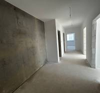 Predaj 3-izbového bytu len 15 minút od Bratislavy  - Chodba v 3-izbovom byte s hladkými stenami a odkrytým betónovým múrom.