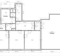 Predaj 4-izbový byt, 102m2, terasa 50m2, Bratislava-centrum, Gorkého - Pôdorys 4-izbového bytu s terasou, kuchyňou a kúpeľňou, zaznamenané rozmery miestností.