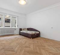 Predaj 4-izbový byt, 102m2, terasa 50m2, Bratislava-centrum, Gorkého - Miestnosť v 4-izbovom byte s podlahou s dreveným dekorom a rozkladacou sedačkou.