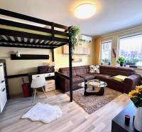 1 izb. zrekonštruovaný byt s veľkou loggiou, Karlova Ves - Obývacia izba s poschodovou posteľou, sedačkou a podlahou s dreveným dekorom v 1-izbovom byte.