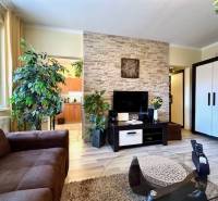 1 izb. zrekonštruovaný byt s veľkou loggiou, Karlova Ves - Obývacia izba v 1-izbovom byte s rastlinami a podlahou s dreveným dekorom.