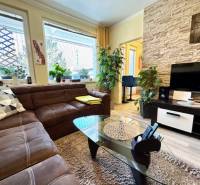 1 izb. zrekonštruovaný byt s veľkou loggiou, Karlova Ves - Obývačka v 1-izbovom byte s hnedou sedačkou a podlahou s dreveným dekorom.