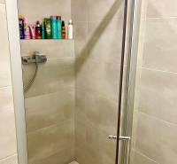 | Predaj 1-izbového bytu – Račianska, Bratislava - Sprchový kút v 1-izbovom byte so šampónmi a kozmetikou na poličke.