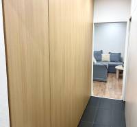 | Predaj 1-izbového bytu – Račianska, Bratislava - Chodba s tmavou podlahou, vstavanými skriňami a výhľadom do obývačky v 1-izbovom byte.