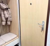 | Predaj 1-izbového bytu – Račianska, Bratislava - Vstupná chodba s lavicou, vešiakmi a svetlými dverami v 1-izbovom byte.