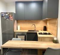 | Predaj 1-izbového bytu – Račianska, Bratislava - Kuchyňa v 1-izbovom byte s tmavými skrinkami a dreveným dekorom na doskách.