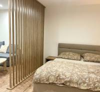 | Predaj 1-izbového bytu – Račianska, Bratislava - Jednoizbový byt s posteľou, sedačkou, dreveným panelom a podlahou s dreveným dekorom.