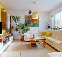 4i byt s atmosférou domu, terasou a parkovaním | Vrakuňa, 129m2 - Obývacia izba v 4-izbovom byte s rastlinami, pohovkou a umeleckými obrazmi.