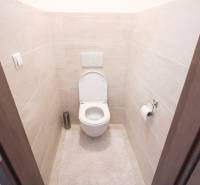 REZERVOVANÉ Prenájom  2-izbového bytu v Petržalke - Toaleta v 2-izbovom byte s bielou keramikou a béžovými dlaždicami na stenách.