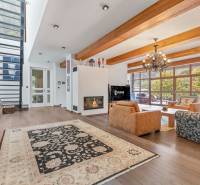 Nadštandardná 6-izbová vila v prominentnej lokalite - Interiér vily s krbom a knižnicou, doplnený o veľké okná a drevené trámy.