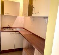 Predáj 1i čiastočne zrekonštruovaný byt s loggiou - Kuchyňa v 1-izbovom byte s podlahou s dreveným dekorom, svetlými skrinkami a drezom.