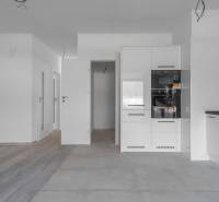 I PREDAJ novostavba 4i rodinného domu s terasou a záhradkou - Kuchyňa v rodinnom dome s bielou kuchynskou linkou a podlahou s dreveným dekorom.