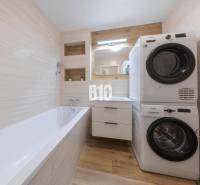 TEHELNÉ POLE | 1-izbový byt s priestrannou terasou - Kúpeľňa so sprchou, vaňou, umývadlom a práčkou, podlaha s dreveným dekorom.