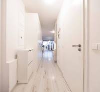 TEHELNÉ POLE | 1-izbový byt s priestrannou terasou - Úzka chodba v 1-izbovom byte s bielym nábytkom a svetlou podlahou.