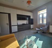 Na prenájom  plne zariadený apartmán na Južnej triede 44, Košice - Obývacia izba v 1-izbovom byte s podlahou s dreveným dekorom, pohovkou a skleneným stolíkom.