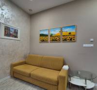 Na prenájom  plne zariadený apartmán na Južnej triede 44, Košice - Obývacia izba 1-izbového bytu, s gaučom a obrazy, na podlahe s dreveným dekorom.